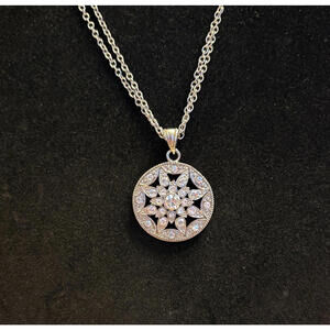 Cookie Lee Silver Tone Double Chain Necklace Rhinestone Medallion Pendant